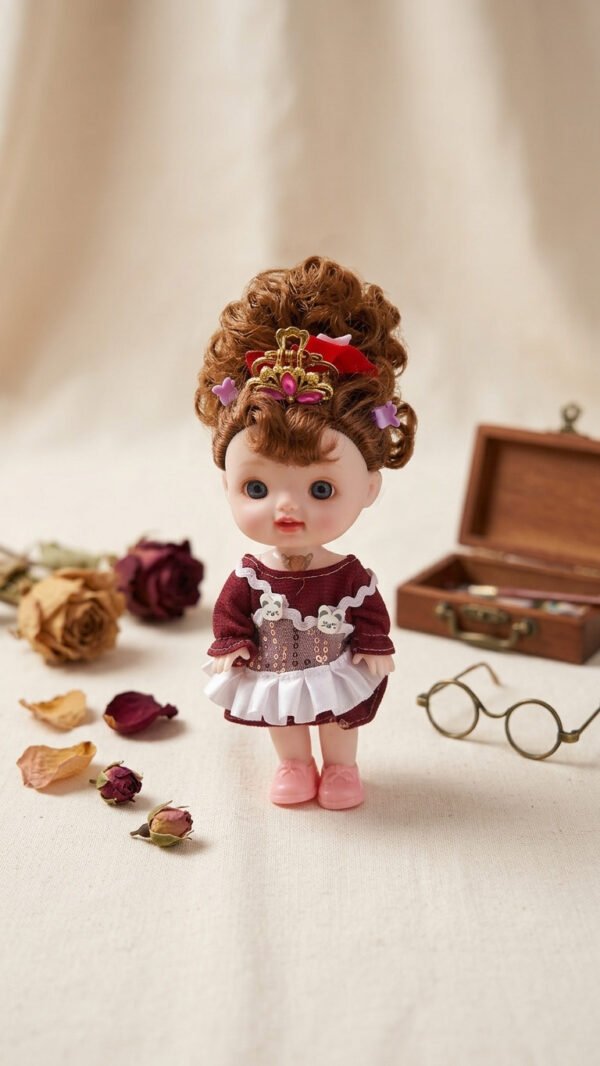 Muñeca de juguete pequeña con vestido bordó y broches en el pelo