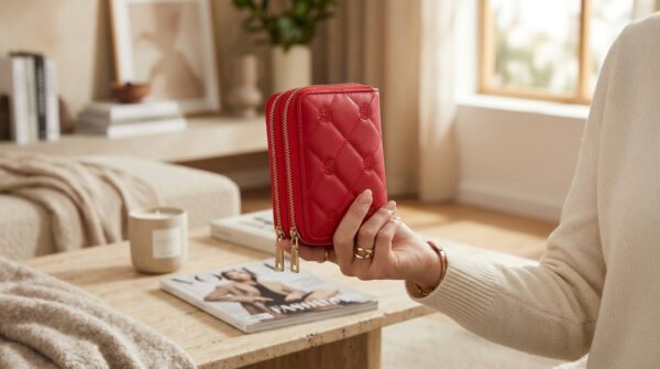 Billetera compacta roja con textura matelassé y doble cierre
