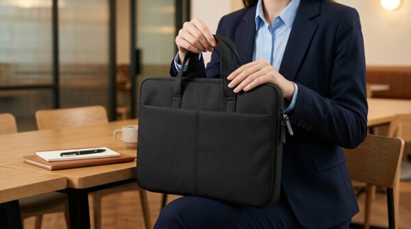 Funda portanotebook negra con manijas de mano sobre piso de madera