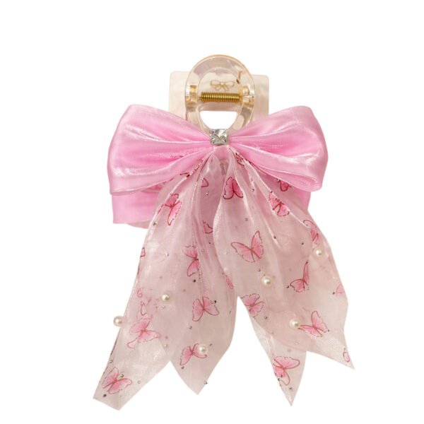 Broche para el pelo con moño rosa de organza con mariposas y perlas