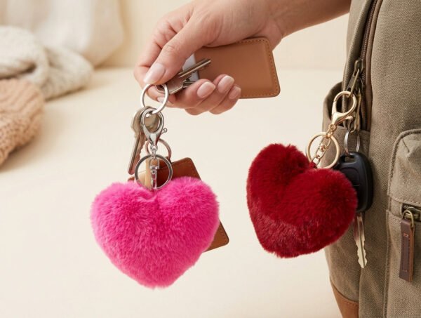 Llaveros de peluche suave en forma de corazón en colores rosa fucsia y rojo con mosquetón metálico